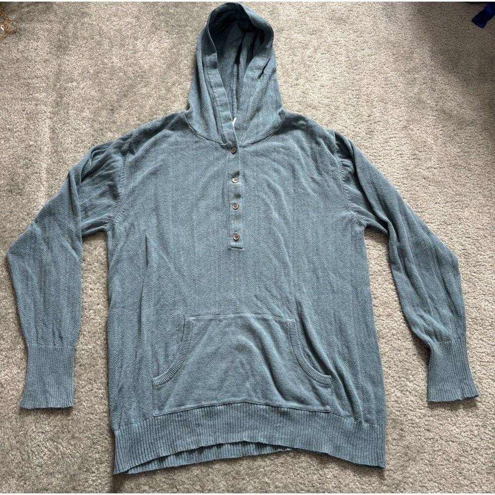 Kate Quinn Organic Blue Cotton Hooded Sweater Womens Size Medium Pocket Buttons